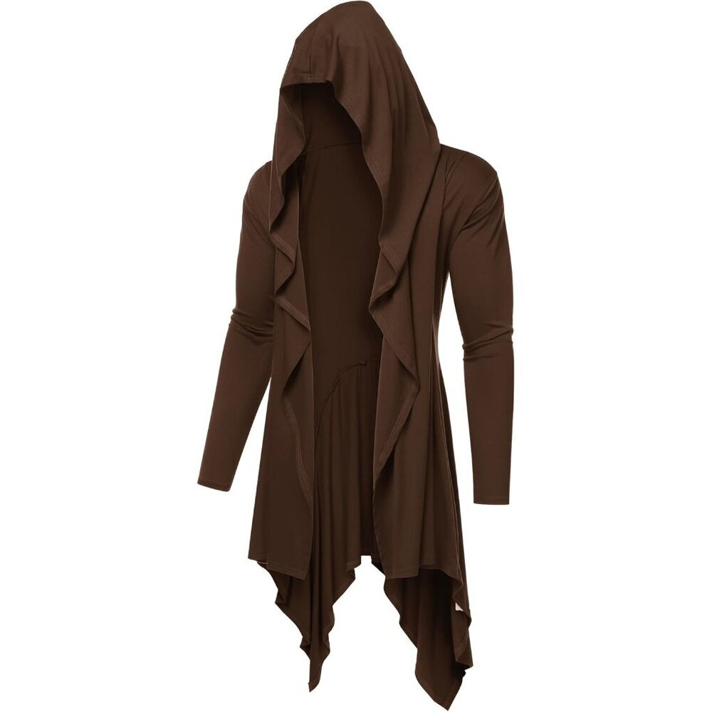 Men's Brown Long Hooded Cardigan Ruffle Shawl Collar Lightweight Overcoat